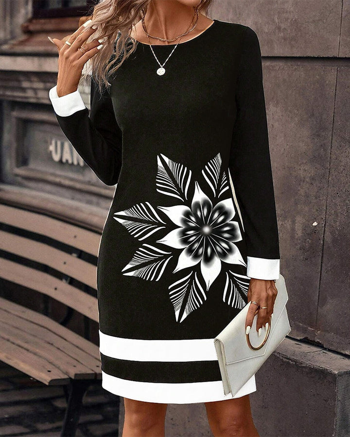 Round neck colorblock large flower dress