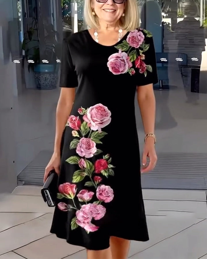 Short Sleeve Rose Print Shift Dress
