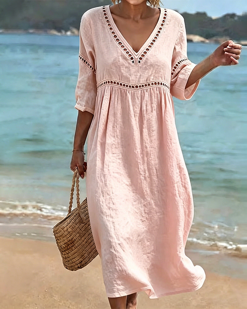 Solid Color Hollow-Out Casual Dress