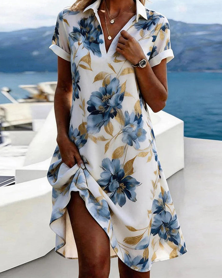 Lapel Short Sleeve Floral Shirt Dress