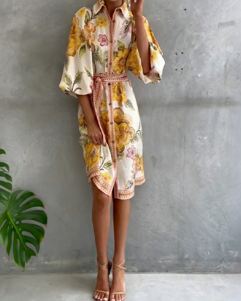Lantern Sleeve Notched Collar Printed Dress