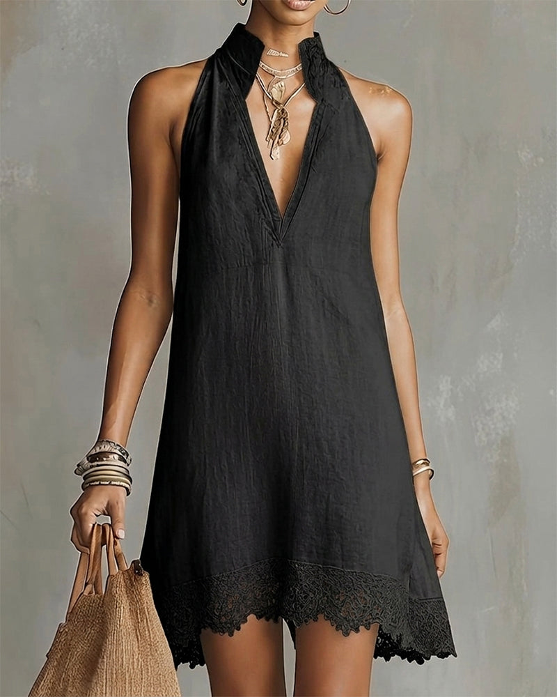 V-Neck Lace Trim Short Dress
