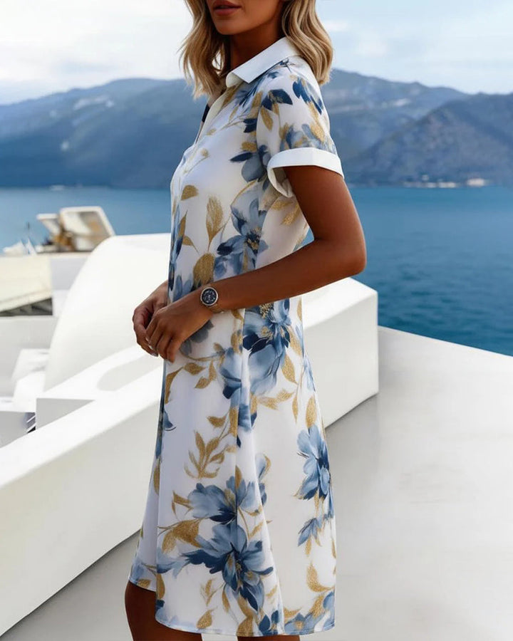 Lapel Short Sleeve Floral Shirt Dress