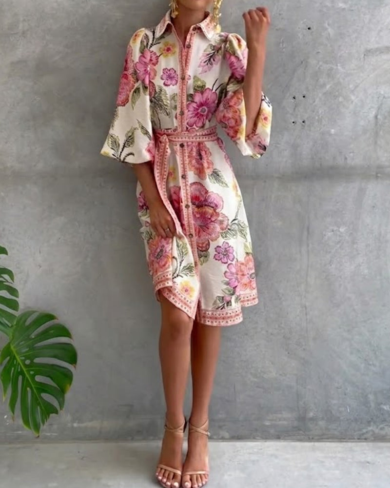 Lantern Sleeve Notched Collar Printed Dress