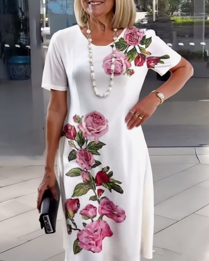 Short Sleeve Rose Print Shift Dress