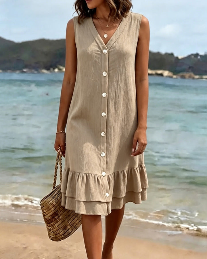 V-Neck Sleeveless Double Layer Ruffle Dress