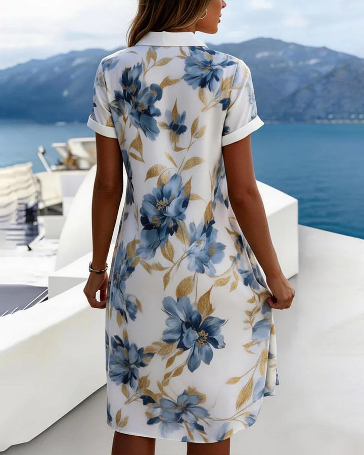 Lapel Short Sleeve Floral Shirt Dress