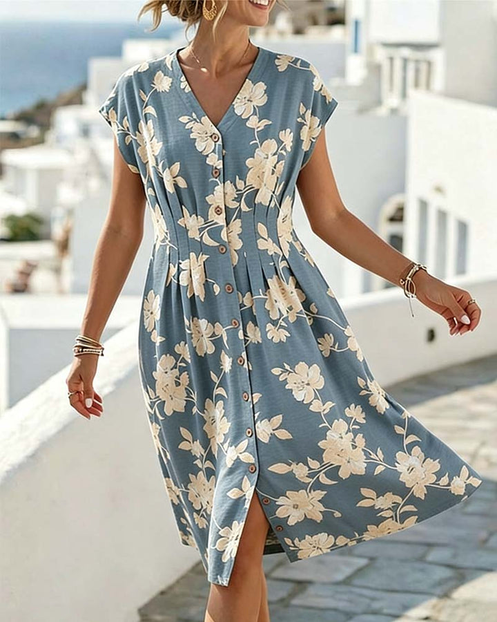 V-Neck Print Cinched Waist Button-Front Dress