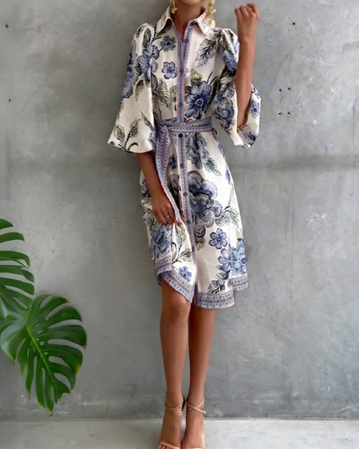 Lantern Sleeve Notched Collar Printed Dress