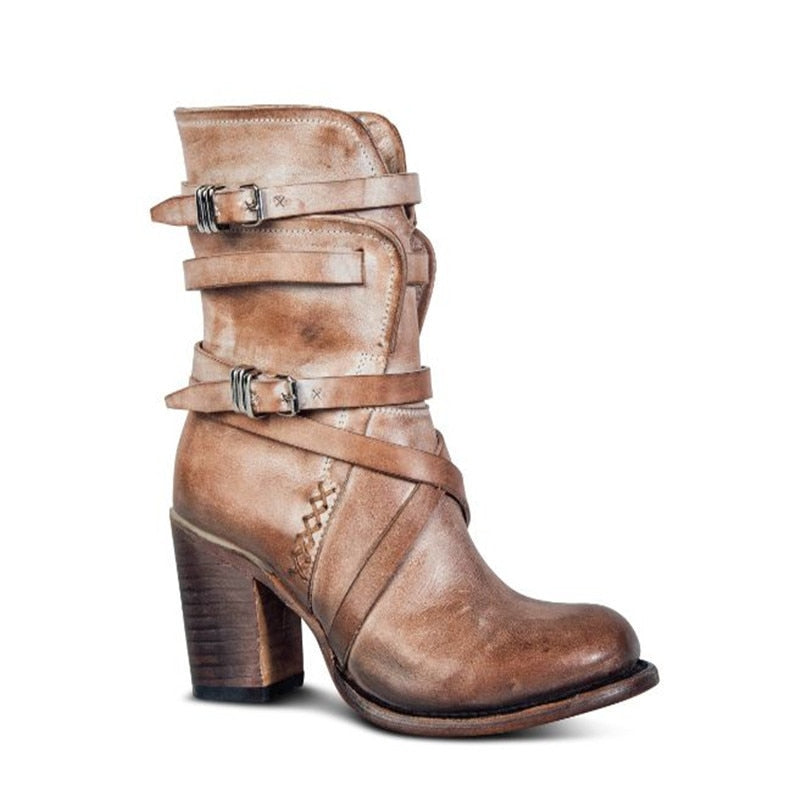 Pamela Women's Leather Ankle Boots - Slouchy Distressed Design - Buckle Straps - Block Heel