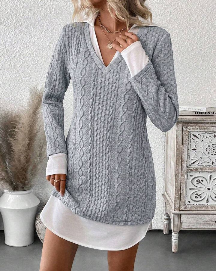 Shirt-Collar Fake Two-Piece Knit Dress