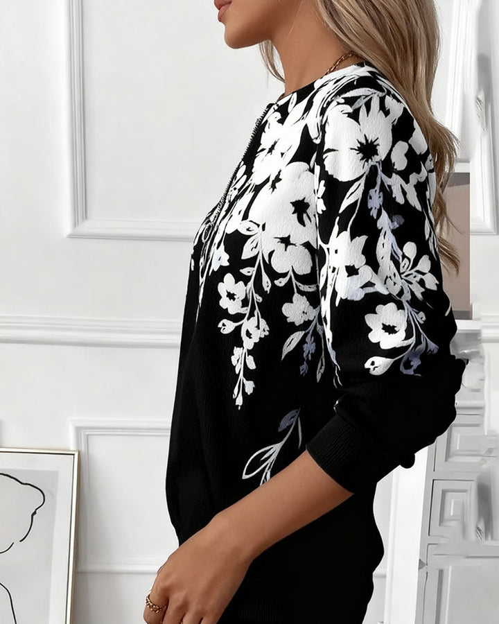 Olga Printed Sweatshirt with Half Zipper and Collar