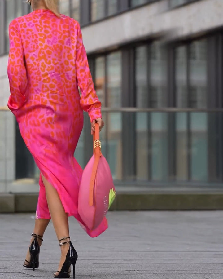 Long-Sleeved Leopard Print Slit Dress