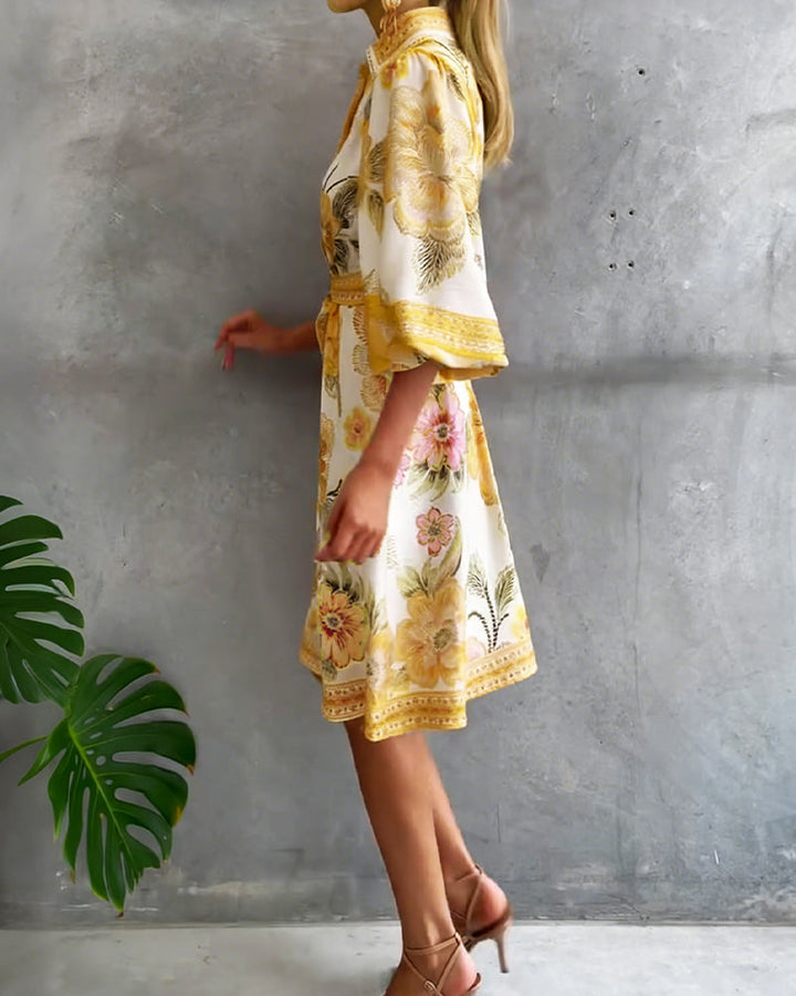 Lantern Sleeve Notched Collar Printed Dress