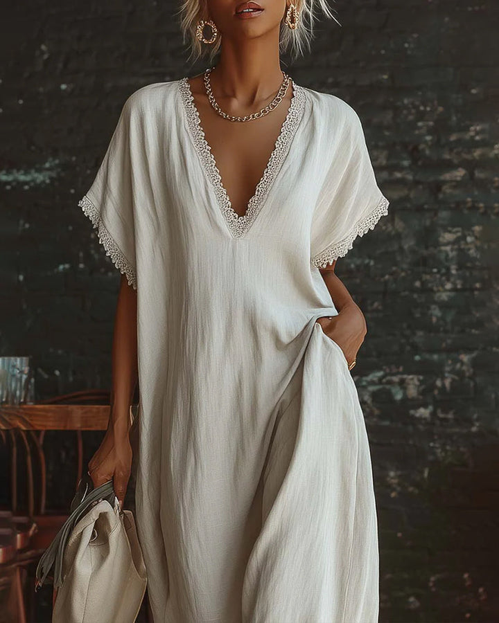 Solid Color V-Neck Fashion Long Dress
