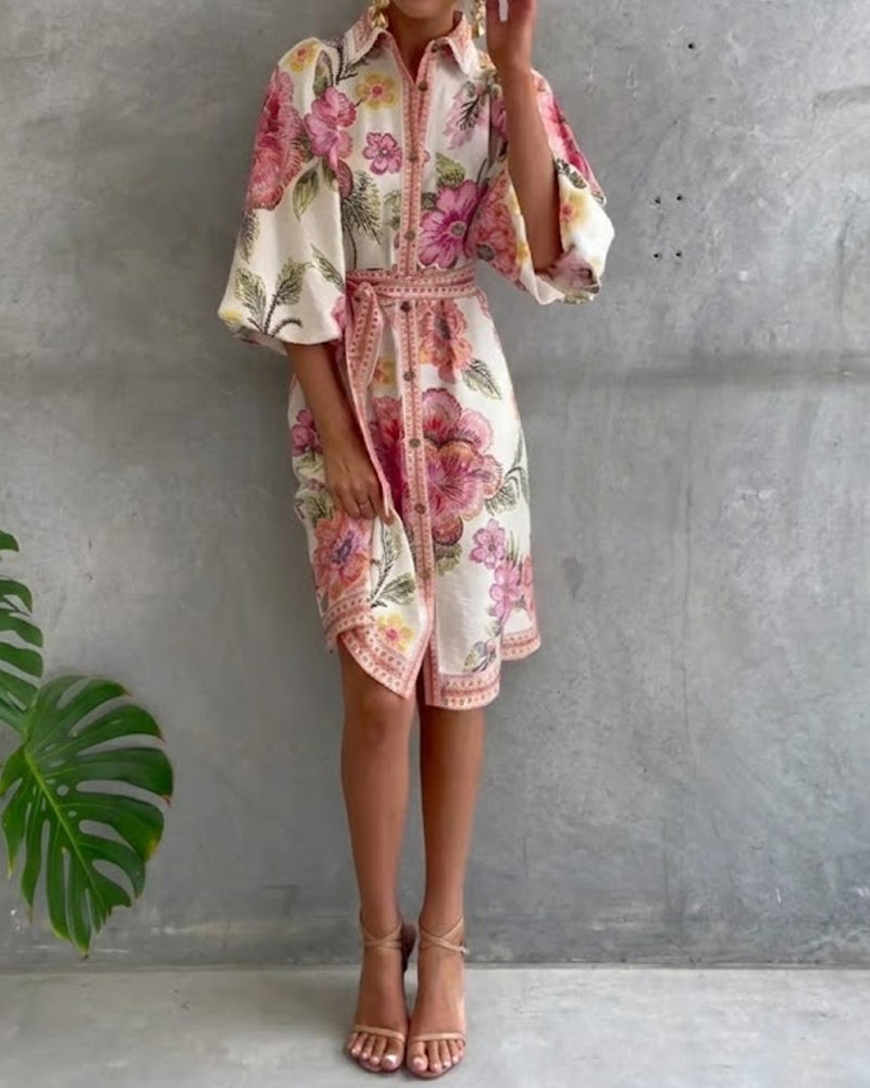 Lantern Sleeve Notched Collar Printed Dress